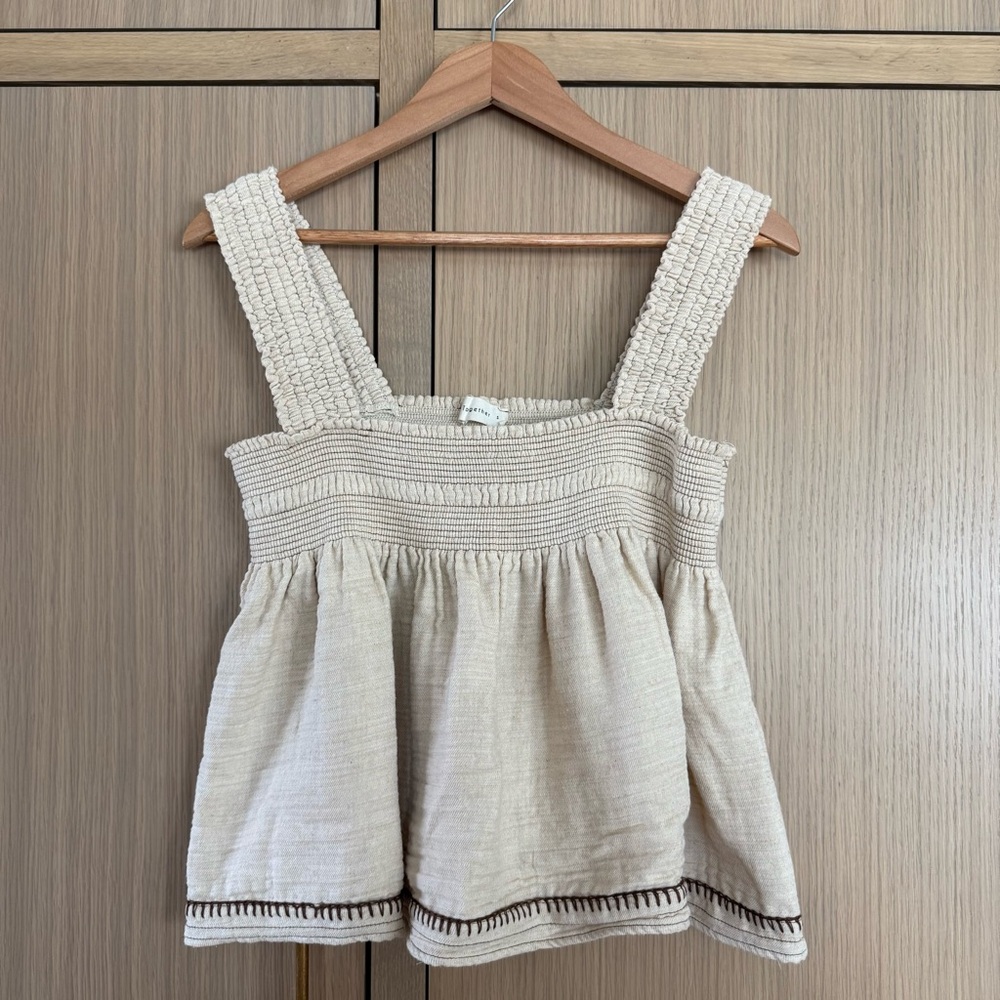 Cream and brown embroidered Smocked Peplum Tank Top